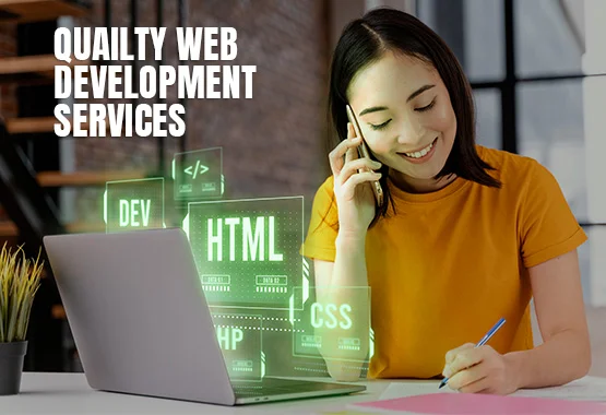 IT Empire Software House Pakistan offering quality web development services,
with a woman working on a laptop featuring HTML, CSS, PHP, and DEV technologies. 