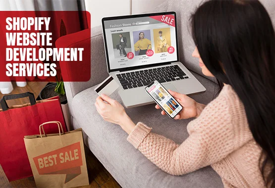 IT Empire Software House Pakistan offering Shopify web development services
from Pakistan to across the globe, with a woman browsing a fashion store on a laptop and
phone.